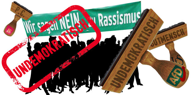 Eine stilisierte Menschenmenge mit „Wir sagen NEIN zu Rassismus“ wird mit Stempeln der Jungen Freiheit, der AfD und des Instituts für Staatspolitik als „Undemokratisch“, „P.C.“ und „Gutmensch“ gewertet