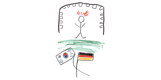 Die Zeichnung zeit ein Männchen in einem Tor, darunter ist eine Flagge von Südkorea und von Deutschland