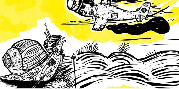 Folgen des Tourismus, Zeichnung oben Flugzeug mit Gesicht, unten Schnecke mit Gesicht Folgen des Tourismus, Zeichnung oben Flugzeug mit Gesicht, unten Schnecke mit Gesicht