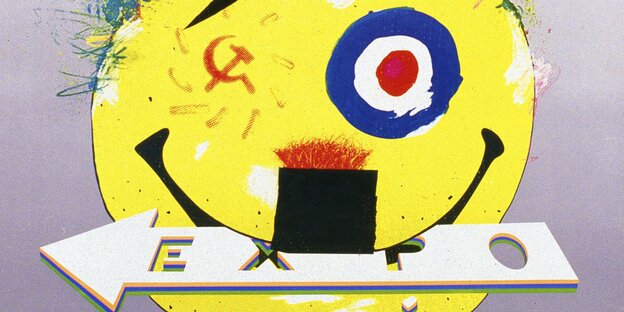 Plakat des Grafikerkollektivs Grapus mit Smiley, der Hammer und Sichel als linkes Auge hat und Hitlerbart trägt. Plakat des Grafikerkollektivs Grapus mit Smiley, der Hammer und Sichel als linkes Auge hat und Hitlerbart trägt.