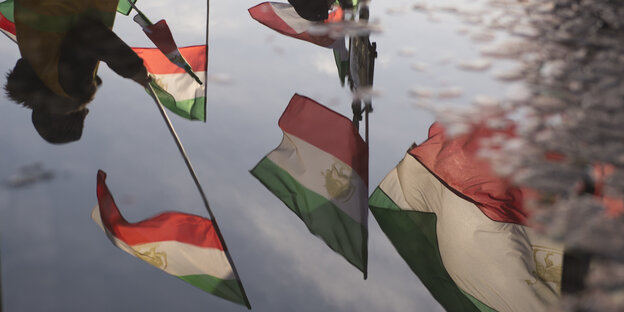 Iranische Fahnen spiegeln sich in einer Pfütze Iranische Fahnen spiegeln sich in einer Pfütze