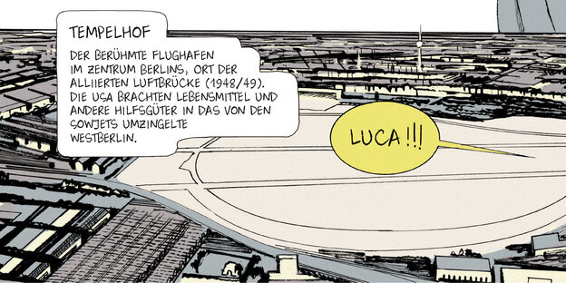 Ausschnitt aus einem Comic: Abgebildet ist der Flughafen Tempelhof Ausschnitt aus einem Comic: Abgebildet ist der Flughafen Tempelhof