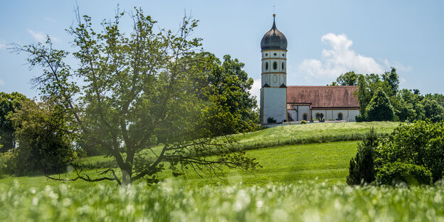 Weiße Kirche mit Turm in grüner Landschaft Weiße Kirche mit Turm in grüner Landschaft