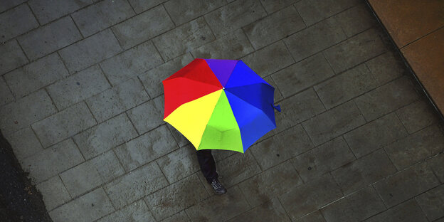 Ein aufgespannter, bunter Regenschirm, von oben betrachtet auf einem nassen Fußbweg. Ein aufgespannter, bunter Regenschirm, von oben betrachtet auf einem nassen Fußbweg.