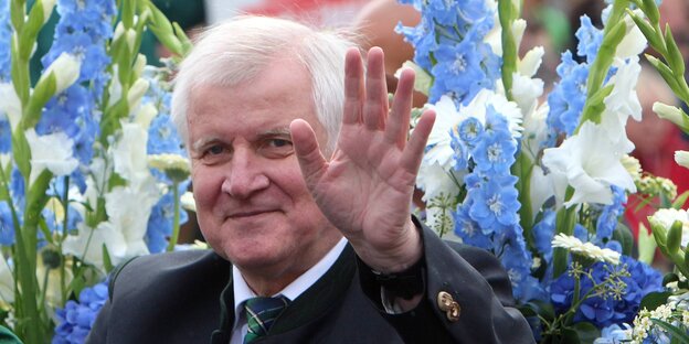 Seehofer in Tracht inder Kutsche, winkt