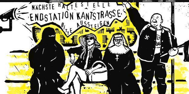 Illustration einer Nonne und eines Nazis in der Bahn Illustration einer Nonne und eines Nazis in der Bahn