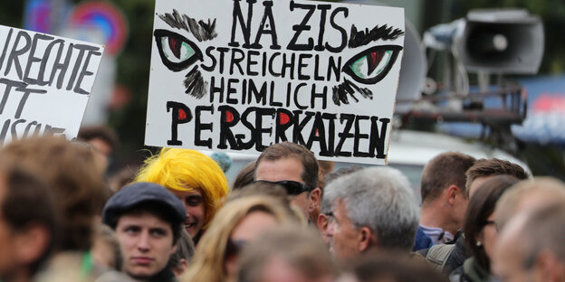 Teilnehmer eines Demonstrationszuges ziehen auf dem Weg zum Familienfest des Bündnisses „Rostock Nazifrei“ auf dem Universitätsplatz durch die Stadt und halten ein Transparent mit der Aufschrift „Nazis streicheln heimlich Perserkatzen“ Teilnehmer eines Demonstrationszuges ziehen auf dem Weg zum Familienfest des Bündnisses „Rostock Nazifrei“ auf dem Universitätsplatz durch die Stadt und halten ein Transparent mit der Aufschrift „Nazis streicheln heimlich Perserkatzen“