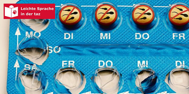 Eine Verpackung mit Pillen, auf denen Spermien durchgestrichen sind Eine Verpackung mit Pillen, auf denen Spermien durchgestrichen sind