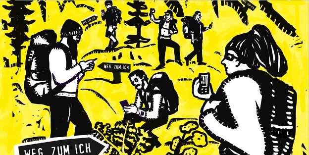 Reisende mit Rucksack laufen mit dem Smartphone in der Hand durch die Gegend Reisende mit Rucksack laufen mit dem Smartphone in der Hand durch die Gegend