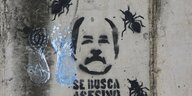 Ein Graffiti, es zeigt den Kopf eines Mannes, drumherum Insekten