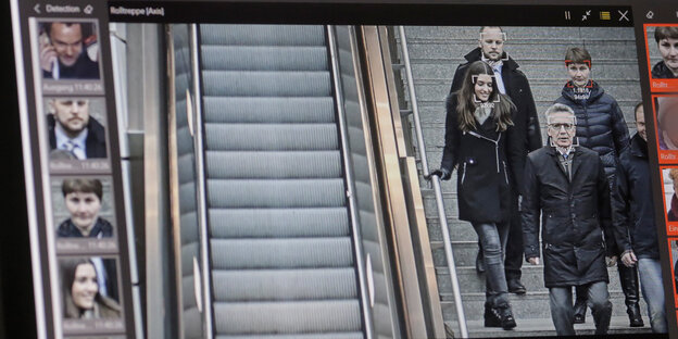 Ein PC mit automatischer Gesichtserkennungssoftware analysiert Passanten am Bahnhof Südkreuz, einer der Passanten ist Thomas de Maizière Ein PC mit automatischer Gesichtserkennungssoftware analysiert Passanten am Bahnhof Südkreuz, einer der Passanten ist Thomas de Maizière