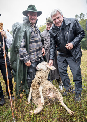 Zwei Männer stehen auf einer Weide, zwischen ihnen ein Schaf. Der linke Mann ist Schäfer und trägt einen grünen Hut und einen grünen Mantel. Der rechte Mann ist der hessische Ministerpräsident Volker Bouffier. Zwei Männer stehen auf einer Weide, zwischen ihnen ein Schaf. Der linke Mann ist Schäfer und trägt einen grünen Hut und einen grünen Mantel. Der rechte Mann ist der hessische Ministerpräsident Volker Bouffier.
