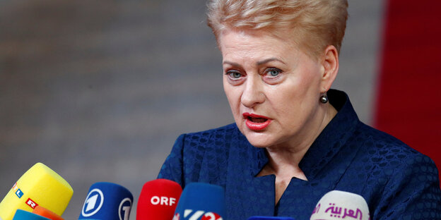 Eine Frau spricht vor Mikrofonen. Es ist Litauens Präsidentin Daria Grybauskaite Eine Frau spricht vor Mikrofonen. Es ist Litauens Präsidentin Daria Grybauskaite