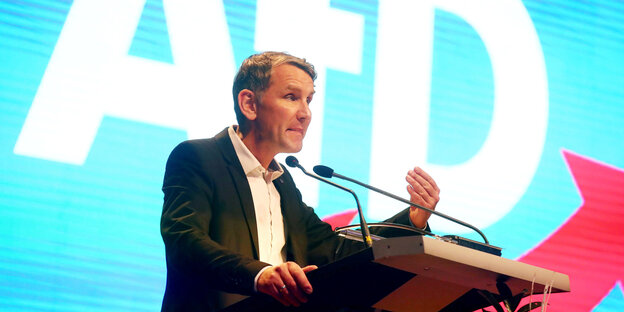 Björn Höcke steht an einem Rednerpult, hinter ihm leuchtet auf ganzer Fäche des Bildes das AfD-Parteilogo Björn Höcke steht an einem Rednerpult, hinter ihm leuchtet auf ganzer Fäche des Bildes das AfD-Parteilogo