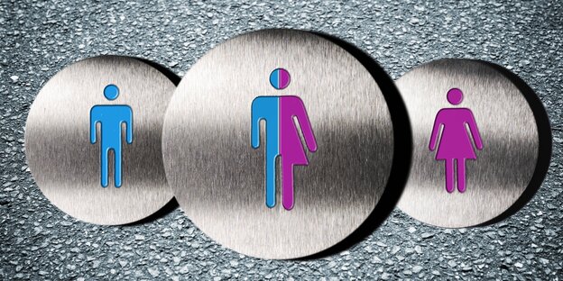 Toilettenschilder für die Geschlechtsoptionen „männlich“, „divers“ und „weiblich“ Toilettenschilder für die Geschlechtsoptionen „männlich“, „divers“ und „weiblich“