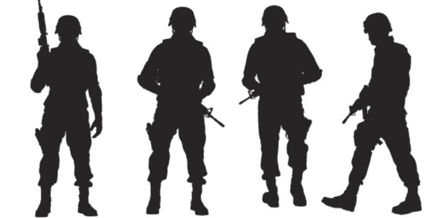 Schattenriss von vier Soldaten Schattenriss von vier Soldaten
