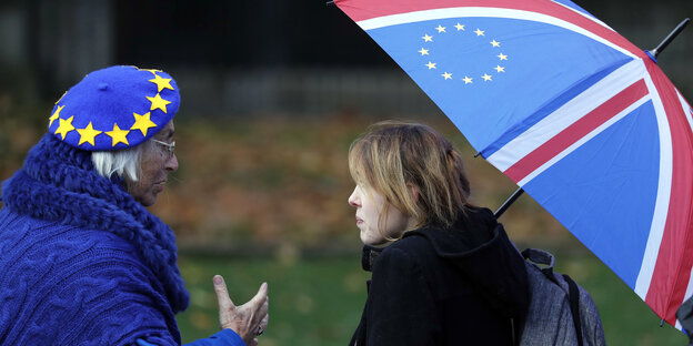 Anti-Brexit-Unterstützerinnen tragen die Farben der EU-Flagge und unterhalten sich Anti-Brexit-Unterstützerinnen tragen die Farben der EU-Flagge und unterhalten sich