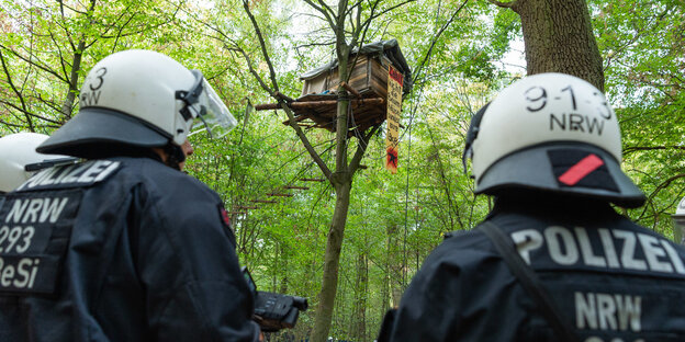 Zwei Polizisten, von hinten fotografiert, stehen vor einem Baumhaus im Hambacher Forst Zwei Polizisten, von hinten fotografiert, stehen vor einem Baumhaus im Hambacher Forst