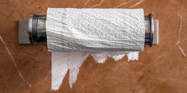 Eine leere Klopapierrolle auf dem Klopapierhalter Eine leere Klopapierrolle auf dem Klopapierhalter