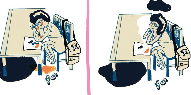 Illustration einer sich über ihr Zeugnis grämenden Schülerin Illustration einer sich über ihr Zeugnis grämenden Schülerin