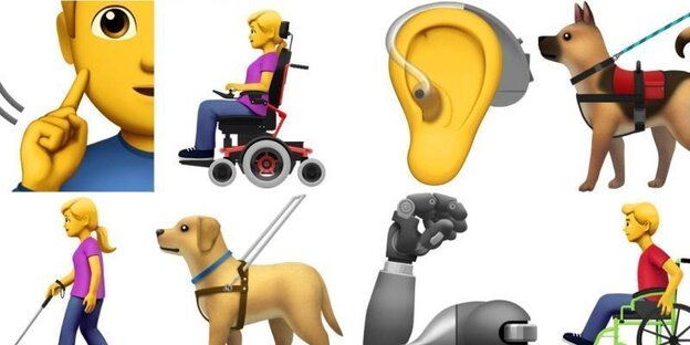 Mehrere Emojis, darunter ein Blindenhund, eine Rollstuhlfahrerin und ein Ohr mit Hörgerät Mehrere Emojis, darunter ein Blindenhund, eine Rollstuhlfahrerin und ein Ohr mit Hörgerät