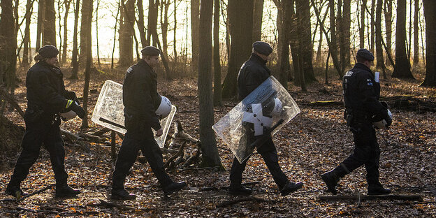 Polizisten gehen durch den Hambacher Forst Polizisten gehen durch den Hambacher Forst