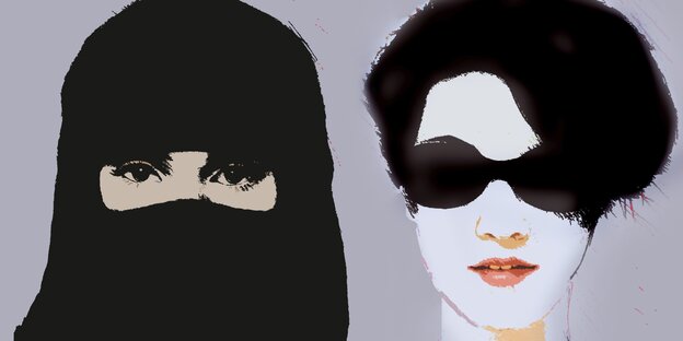 Illustration einer Frau mit Nikab und einer anderen Frau mit Sonnenbrille Illustration einer Frau mit Nikab und einer anderen Frau mit Sonnenbrille