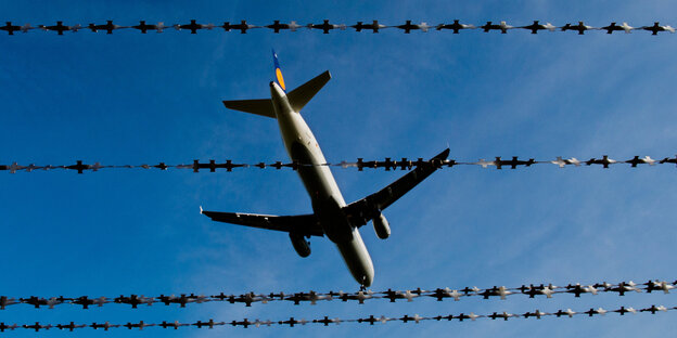 Flugzeug von unten am Himmel fliegt über Stacheldraht hinweg.