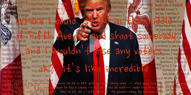 Trump zeigt auf den Betrachter, darüber steht ein Schriftzug: „Where I could stand in the middle of Fifth Avenue and shoot somebody and I wouldn't lose any voters ok? It's like incredible“ Trump zeigt auf den Betrachter, darüber steht ein Schriftzug: „Where I could stand in the middle of Fifth Avenue and shoot somebody and I wouldn't lose any voters ok? It's like incredible“