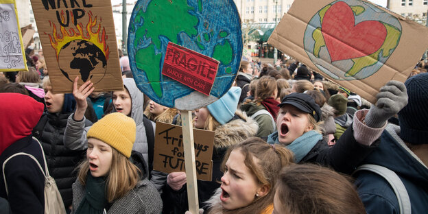 Schüler mit Schildern bei einer "Fridays for Future"-Demonstration. Schüler mit Schildern bei einer "Fridays for Future"-Demonstration.