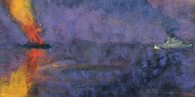 Ausschnitt eines Bildes von Emil Nolde. Um 1943 malte der Expressionist ein Kriegsschiff und einen brennenden Dampfer in leuchtenden Farben. Ausschnitt eines Bildes von Emil Nolde. Um 1943 malte der Expressionist ein Kriegsschiff und einen brennenden Dampfer in leuchtenden Farben.