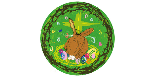 Eine Zeichnung, die die Rückseite eines Osterhasen darstellt, vor einem Kreuz, von Ostereiern umgeben Eine Zeichnung, die die Rückseite eines Osterhasen darstellt, vor einem Kreuz, von Ostereiern umgeben