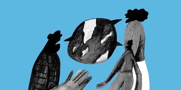 Eine Illustration zeigt drei Gestalten, die sich um die Erdkugel scharen, die gleichzeitig eine Sprechblase ist Eine Illustration zeigt drei Gestalten, die sich um die Erdkugel scharen, die gleichzeitig eine Sprechblase ist