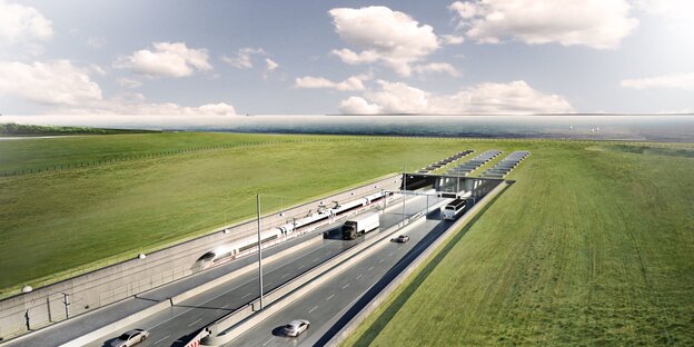 Eine Visualisierung des geplanten Fehmarnbelt-Tunnels zwischen Deutschland und Dänemark zeigt die dänische Seite in Rodbyhavn. Eine Visualisierung des geplanten Fehmarnbelt-Tunnels zwischen Deutschland und Dänemark zeigt die dänische Seite in Rodbyhavn.