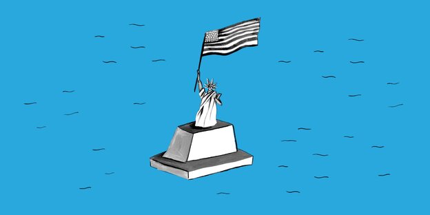 Eine Illustration der Freiheitsstatue, die eine amerikanische Flagge hochhält. Eine Illustration der Freiheitsstatue, die eine amerikanische Flagge hochhält.