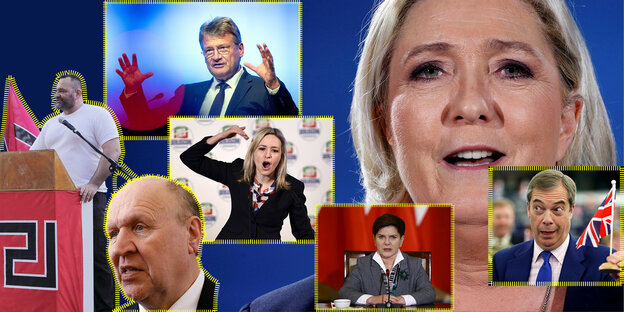 Marine le Pen, Nigel Farage, Beata Szydlo, Jörg Meuthen und drei weitere sind in einer Foto-Collage zu sehen Marine le Pen, Nigel Farage, Beata Szydlo, Jörg Meuthen und drei weitere sind in einer Foto-Collage zu sehen