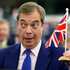 Nigel Farage, eine Mann in Anzug und Krawatte, zieht die Augenbrauen hoch und schwenkt eine kleine Flagge Großbritanniens Nigel Farage, eine Mann in Anzug und Krawatte, zieht die Augenbrauen hoch und schwenkt eine kleine Flagge Großbritanniens