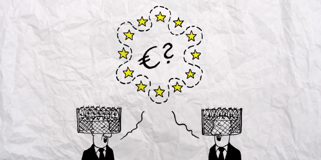 Comic: zwei Menschen mit Zäunen um den Köpfen haben eine Euro-Sprechblase über dem Kopf Comic: zwei Menschen mit Zäunen um den Köpfen haben eine Euro-Sprechblase über dem Kopf