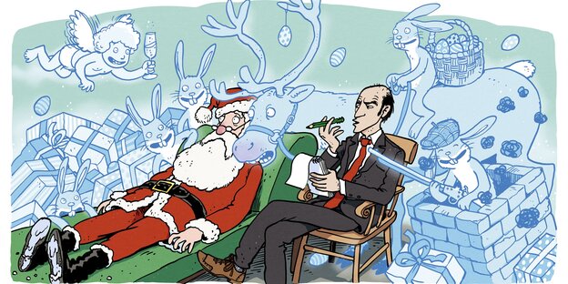 Comiczeichnung: Ein Weihnachtsmann liegt auf einer Couch. Daneben sitzt ein Mann in Anzug auf einem Stuhl