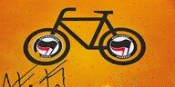 Ein Fahrrad-Piktogramm auf einem Boden. In den Reifen des Fahrrads kleben Antifa-Aufleber.
