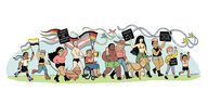 Eine bunte Illustration zum Trans Pride Berlin mit vielen verschienen Menschen samt Plakaten