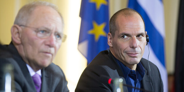 Wolfgang Schäuble und Jannis Varoufakis. Wolfgang Schäuble und Jannis Varoufakis.