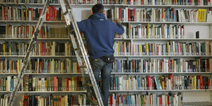 Ein Mensch steht auf einer Leiter vor einem großen Regal mit Büchern