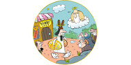 Cartoon: Ein Mann, womöglich Jesus, kommt aus einem „Bunny Shop“ mit zwei Rieseneiern unterm Arm und Hasenohren auf dem Kopf. Gott schaut auf einer Wolke auf ihn herab.
