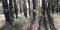 rote Warnschilder :Minen in einem Sommerwald