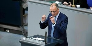 Friedrich Merz steht am Rednerpult im Bundestag und gesikuliert