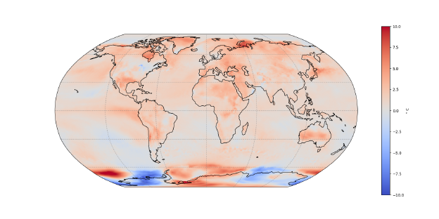 Eine Infografik zeigt die Abweichung der Lufttemperatur im August 2023 vom Durchschnitt der Jahre 1961 bis 1990, die Weltkarte erscheint überwiegend rot, also zu warm