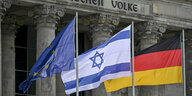 Die Flagge Deutschlands, Israels sowie der Europäischen Union wehen vor dem deutschen Reichstagsgebäude