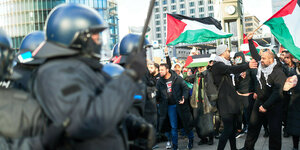 Polizisten stehen mit Schlagstöcken vor Demonstranten die mit Palästina Flaggen unterwegs und aufgebracht sind