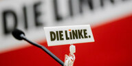Das Logo der Partei Die Linke ist bei einem Sonderparteitag der Berliner Linken an einem Mikrofon zu sehen